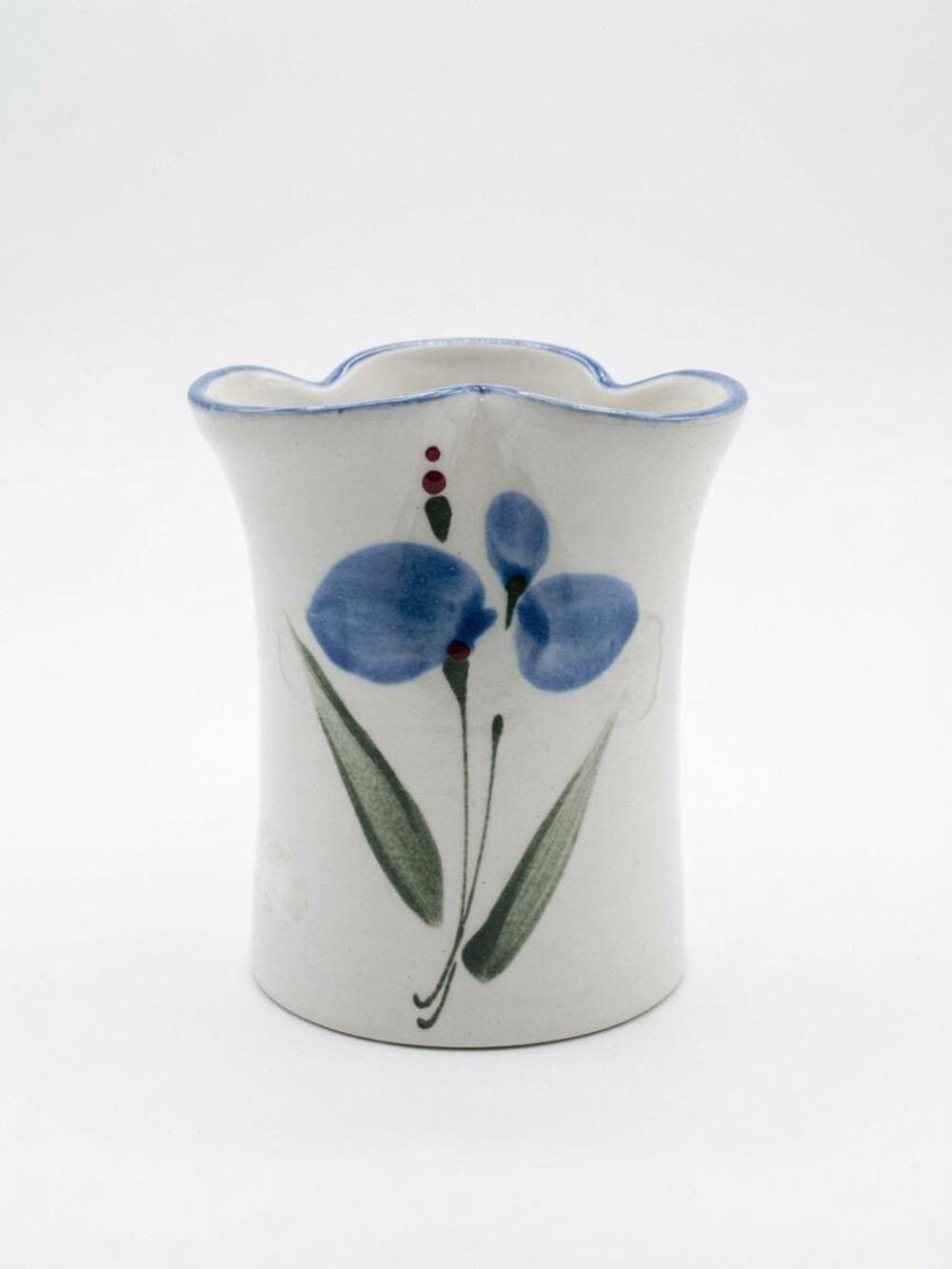 Vintage M.A. Hadley Pottery Scalloped Vase Hand Painted Blue Flower Signed